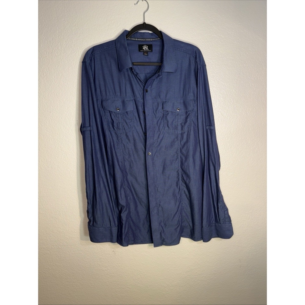 Men's Button Down Shirts XL, Rock Republic, Long Sleeve Cotton Blue Roll Tab